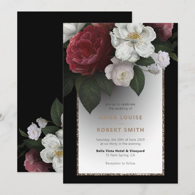 Black Gold Red Pink White Flowers Floral Wedding Invitation (Front/Back)