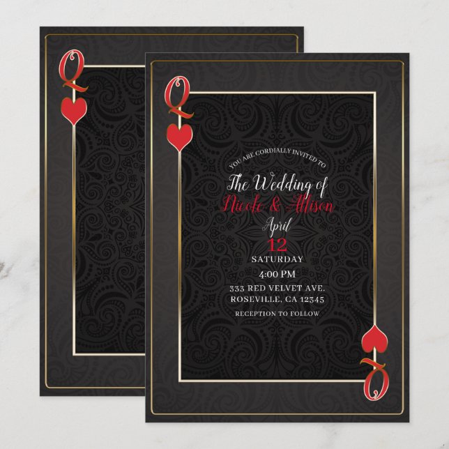 Black Gold & Red Queen of Hearts Elegant Wedding Invitation (Front/Back)