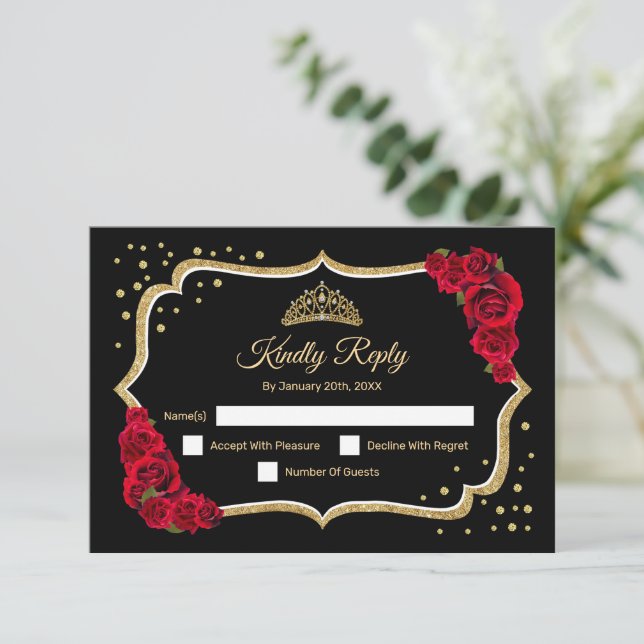 Black Gold Red Quinceanera RSVP Card (Standing Front)