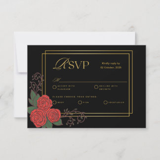 Black Gold Red Rose Floral Wedding RSVP Card