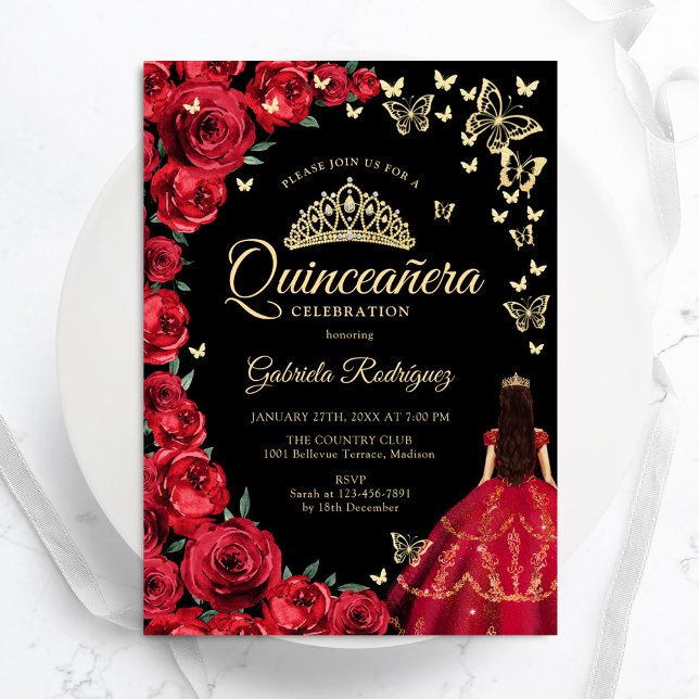 Black Gold Red Roses Butterflies Quinceanera Invitation (Creator Uploaded)