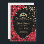Black Gold Red Roses Butterflies Quinceanera Save The Date<br><div class="desc">Black red gold Quinceanera celebration save the date card. Features brunette girl in ball gown dress,  script font,  gold butterflies,  red roses and tiara. Perfect for an elegant princess style glam celebration. Personalise with your own details. Printed Zazzle cards or instant download digital printable template.</div>