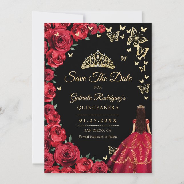Black Gold Red Roses Butterflies Quinceanera Save The Date (Front)