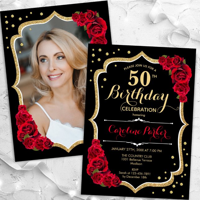 Black Gold Red Roses Photo 50th Birthday Invitation (Creator Uploaded)