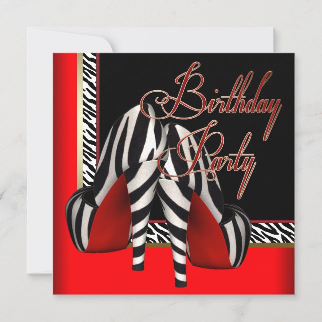 Black Gold Red Zebra High Heels Birthday Party Invitation (Front)
