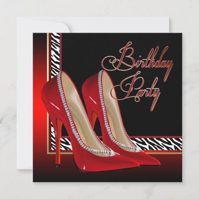 Black Gold Red Zebra High Heels Birthday Party Invitation (Front)