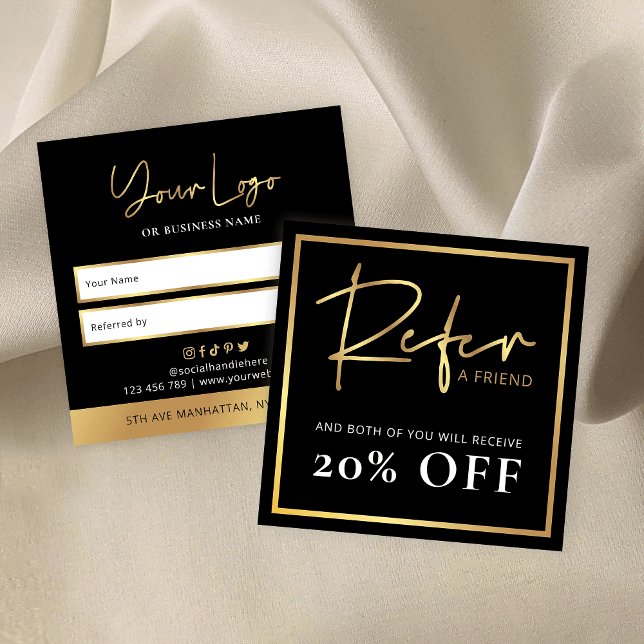 Black & Gold Refer A Friend Lux Glam Business Logo Referral Card (Modern black and gold Refer a Friend cards with space for your logo)
