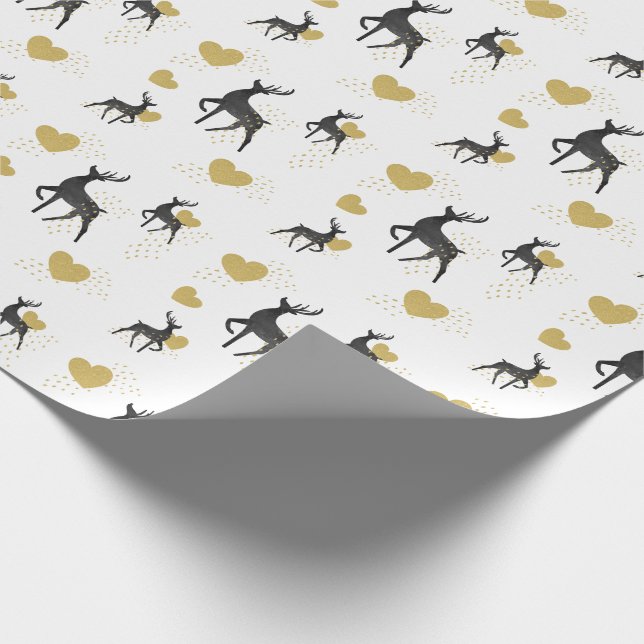 Black & Gold Reindeer, Gold Heart & Dots Christmas Wrapping Paper (Corner)