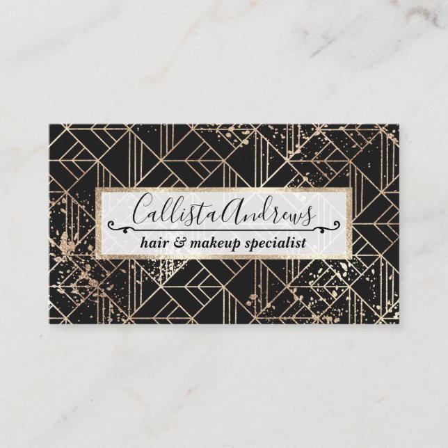 Black Gold Retro Art Deco Geometric Paint Splatter Business Card (Front)