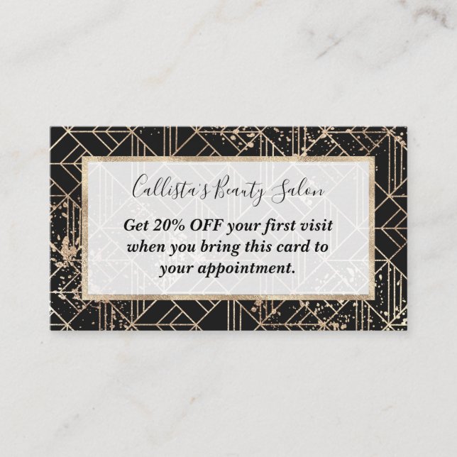 Black Gold Retro Art Deco Geometric Paint Splatter Discount Card (Front)