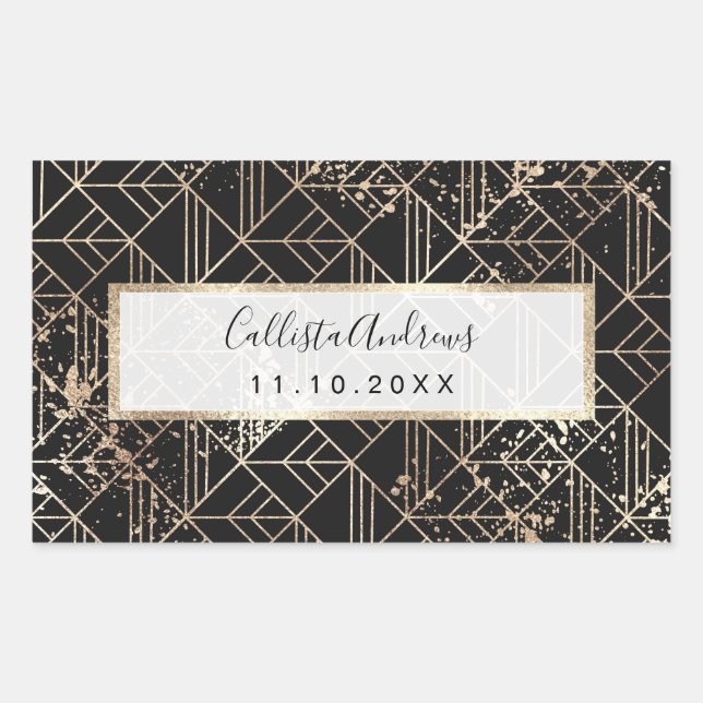 Black Gold Retro Art Deco Geometric Paint Splatter Rectangular Sticker (Front)