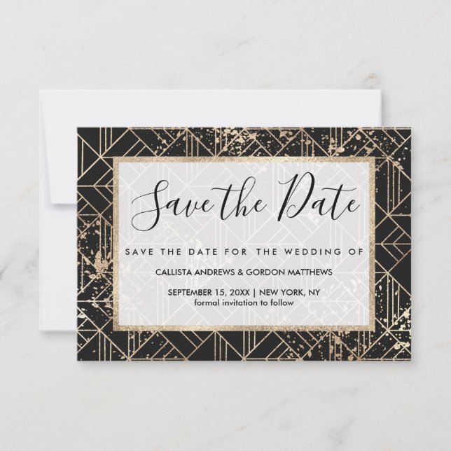 Black Gold Retro Art Deco Geometric Paint Splatter Save The Date (Front)