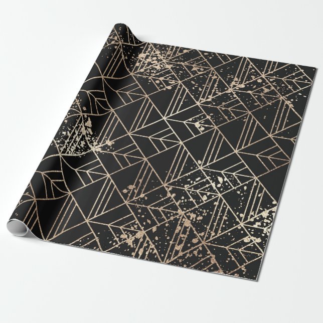 Black Gold Retro Art Deco Geometric Paint Splatter Wrapping Paper (Unrolled)