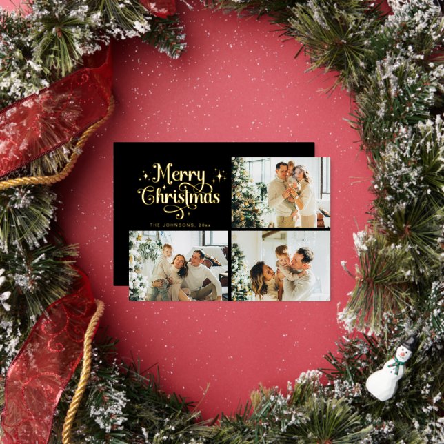 Black & Gold Retro Christmas Family Photo Collage Foil Holiday Card (Insitu)
