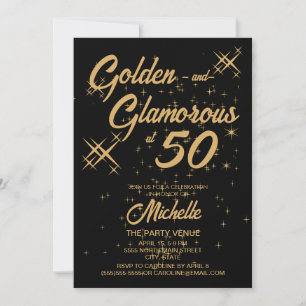 Black Gold Retro Golden Glamourous 50th Birthday Invitation