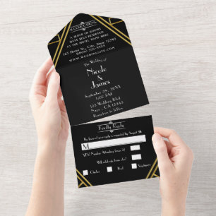 Black & Gold Retro Vintage 20's Deco Wedding All In One Invitation