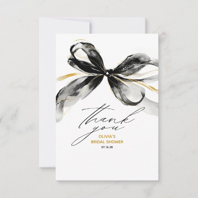 Black Gold Ribbon Bow Whimsical Bridal Shower Thank You Card (Front)