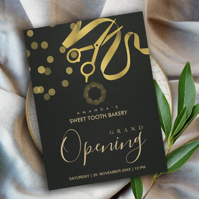 BLACK GOLD RIBBON CUTTING GRAND OPENING INVITATION POSTCARD (Creator Uploaded)