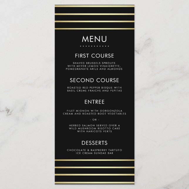 Black & Gold Rice Confetti Typography Wedding Menu (Front)