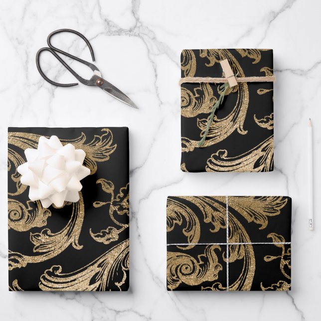 Black Gold Rococo Baroque Swirl  Wrapping Paper Sheet (Front)