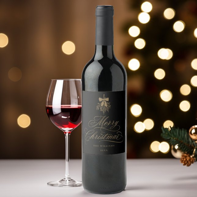 Black & Gold Romantic Calligraphy Merry Christmas Wine Label (Creator Uploaded)