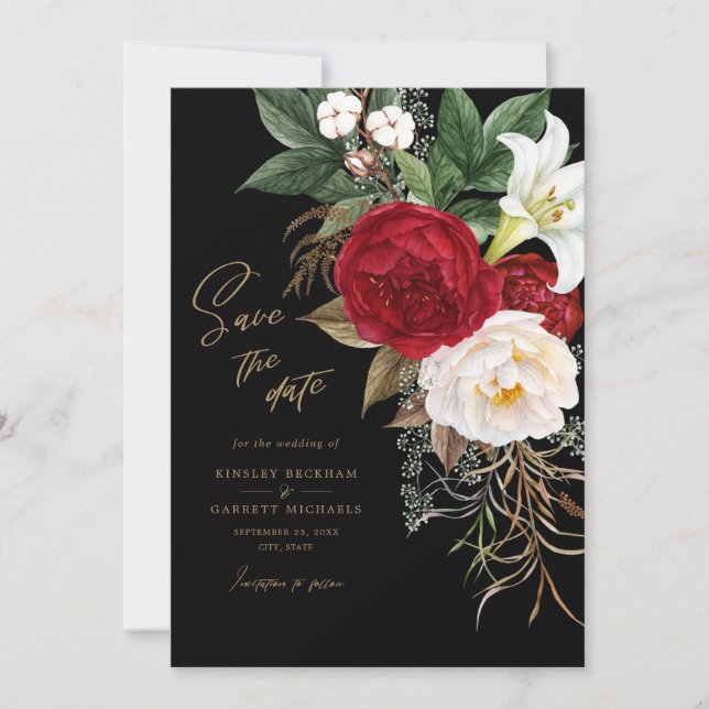 Black Gold Romantic Floral Wedding Save The Date (Front)