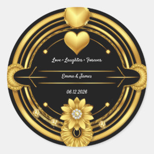 🌟 Black Gold Romantic Wedding Crest 💛 Classic Round Sticker