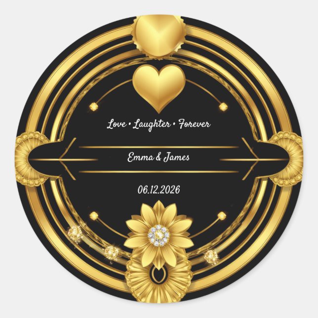 🌟 Black Gold Romantic Wedding Crest 💛 Classic Round Sticker (Front)