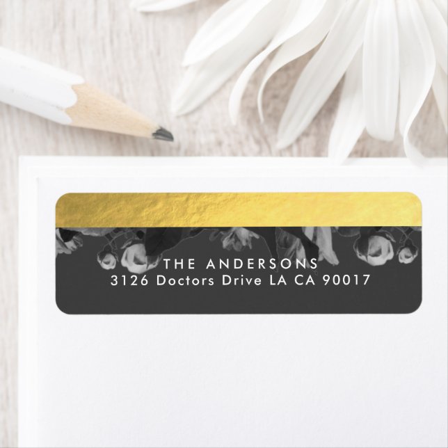 Black Gold Rose Bouquet Wedding return address (Insitu)