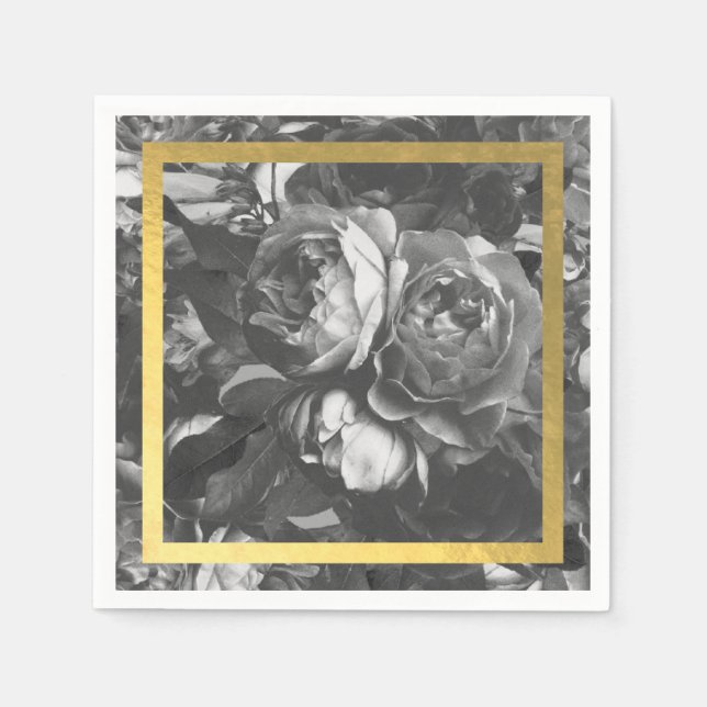 Black Gold Rose Bouquet Wedding Table Napkins (Front)