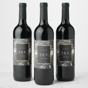 Black Gold Rose Bouquet Wedding Wine Label