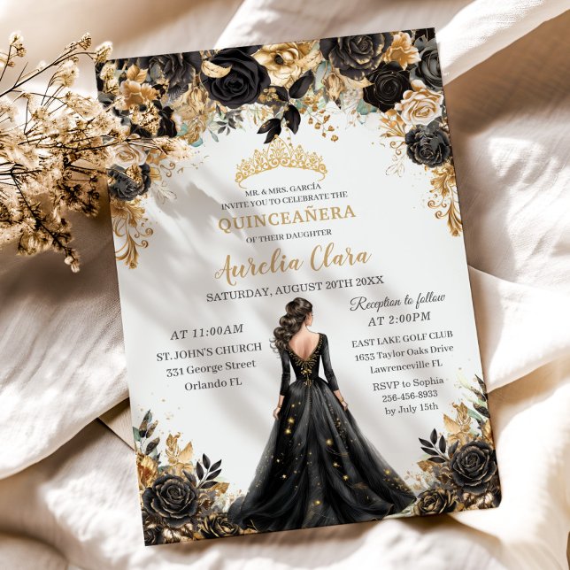 Black Gold Rose Floral Princess Dress Quinceañera  Invitation (ornate baroque black and gold floral brunette girl black dress quinceanera birthday invitation cards)