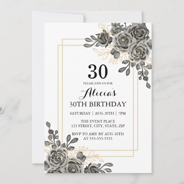 Black & Gold Rose Flower Woman Adult Birthday  Invitation (Front)