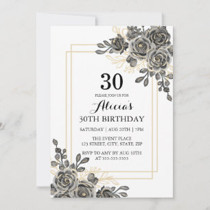 Black & Gold Rose Flower Woman Adult Birthday Invitation