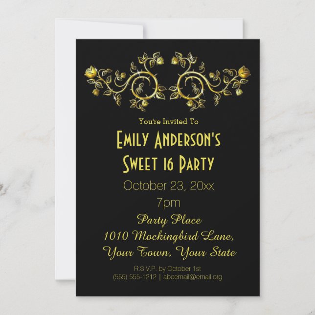 Black Gold Rose Glamour Theme Sweet 16 Birthday Invitation (Front)
