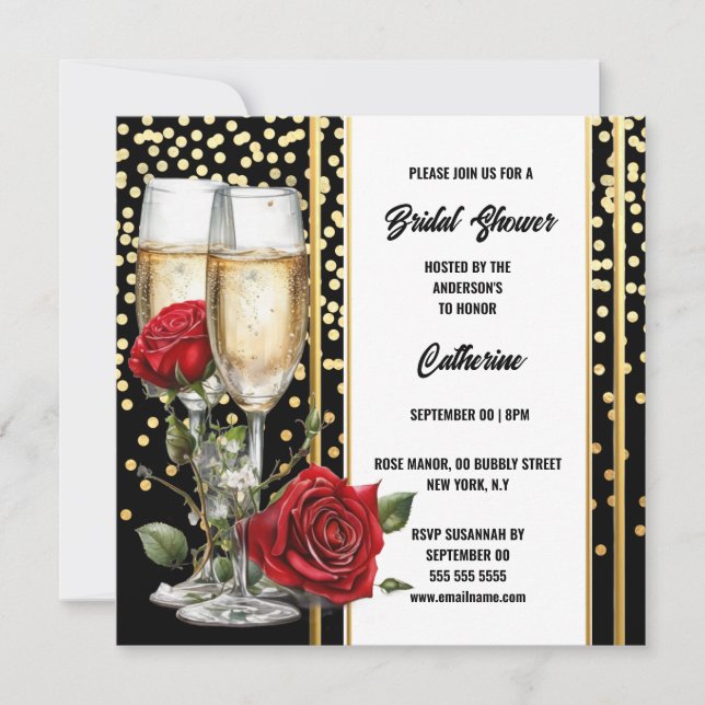 Black gold rose sparkling wine bubbly bridal holiday card (Front)