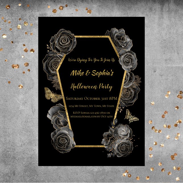 Black & Gold Roses Coffin Adult Halloween Party Invitation (Creator Uploaded)
