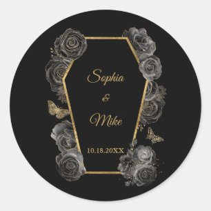 Black & Gold Roses Coffin Gothic Elegant Wedding  Classic Round Sticker