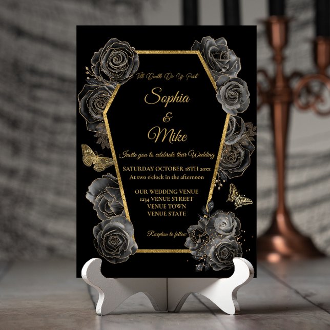 Black & Gold Roses Coffin Gothic Elegant Wedding  Invitation (Creator Uploaded)