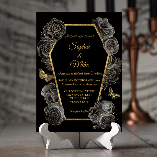 Black & Gold Roses Coffin Gothic Elegant Wedding Invitation | Zazzle