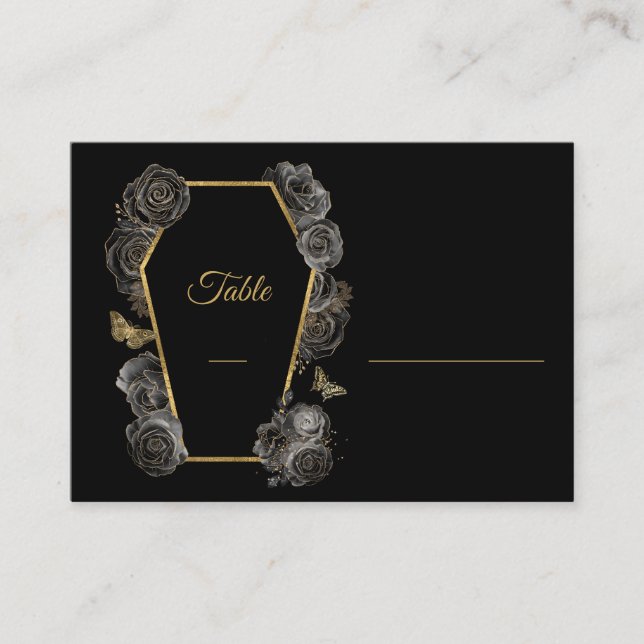 Black & Gold Roses Coffin Gothic Wedding Flat Place Card (Front)