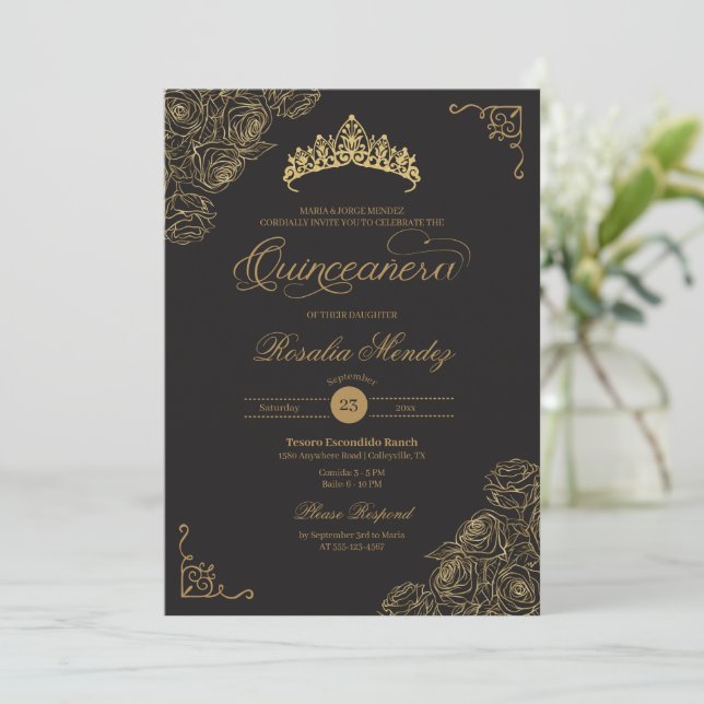Black & Gold Roses Elegant Quinceañera  Invitation (Standing Front)