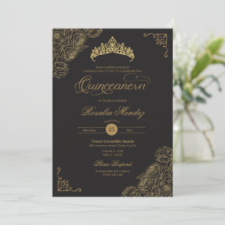 Black & Gold Roses Elegant Quinceañera  Invitation