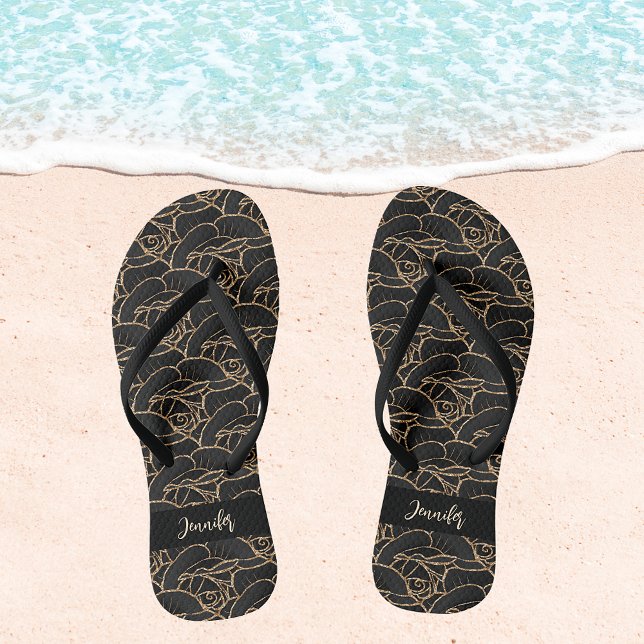 Black gold roses flowers name script flip flops (Creator Uploaded)