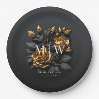 Black Gold Roses Gothic Monogram Wedding Paper Plate