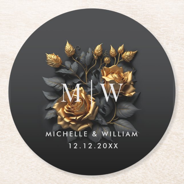 Black Gold Roses Gothic Monogram Wedding  Round Paper Coaster (Front)