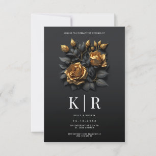Black Gold Roses Gothic Wedding  Invitation