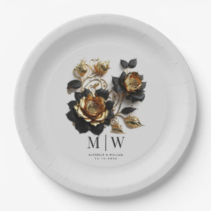 Black Gold Roses Gothic Wedding Paper Plate