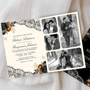 Black Gold Roses Lace Cream Gothic QR Code Wedding Invitation