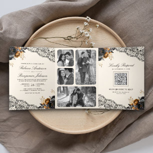 Black Gold Roses Lace Cream Gothic QR Code Wedding Tri-Fold Invitation